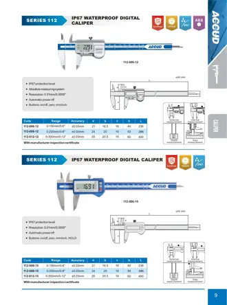 Pagina 15 din catalogul ACCUD, cu desenul de dimensiuni și datele complete